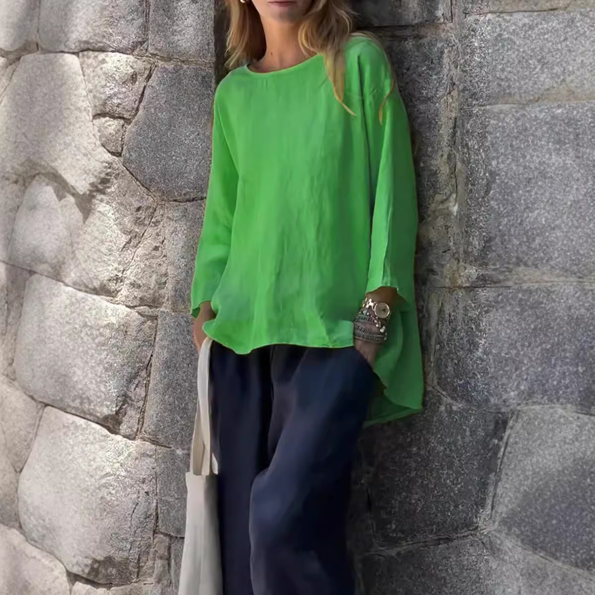 Women's 3/4 Sleeve Crewneck Cotton Linen Loose Shirt Top