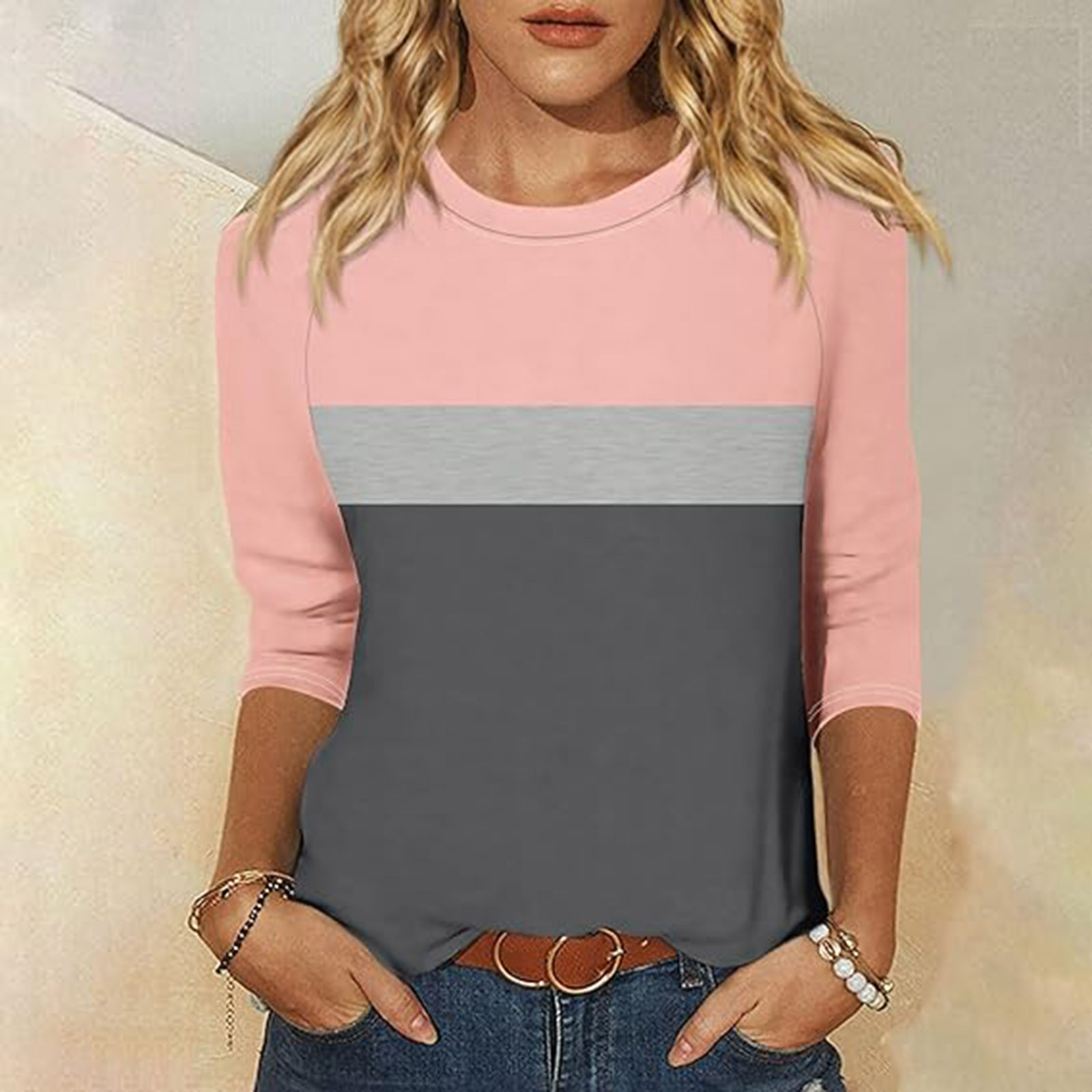 Women's Colorblock Seven-Sleeve Crewneck T-Shirt Casual Top