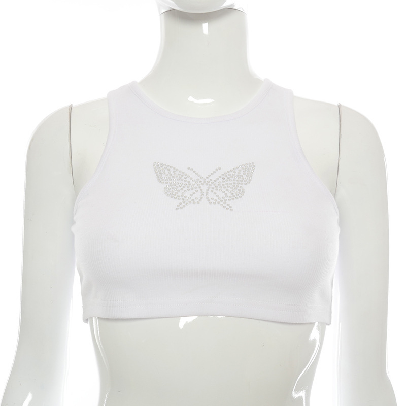 Women's Sleeveless Crew Neck Crop Tank Top with Rhinestone Detail