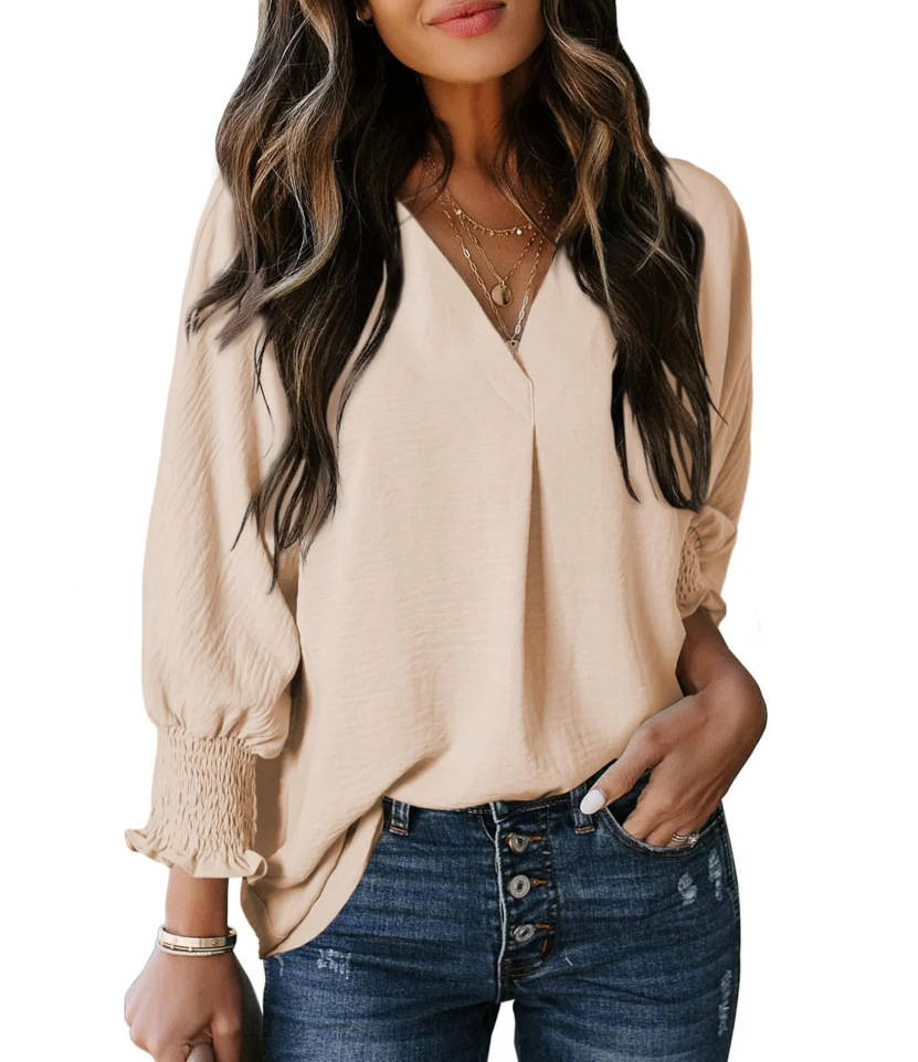 Women's V-Neck Long Sleeve Loose Blouse Top