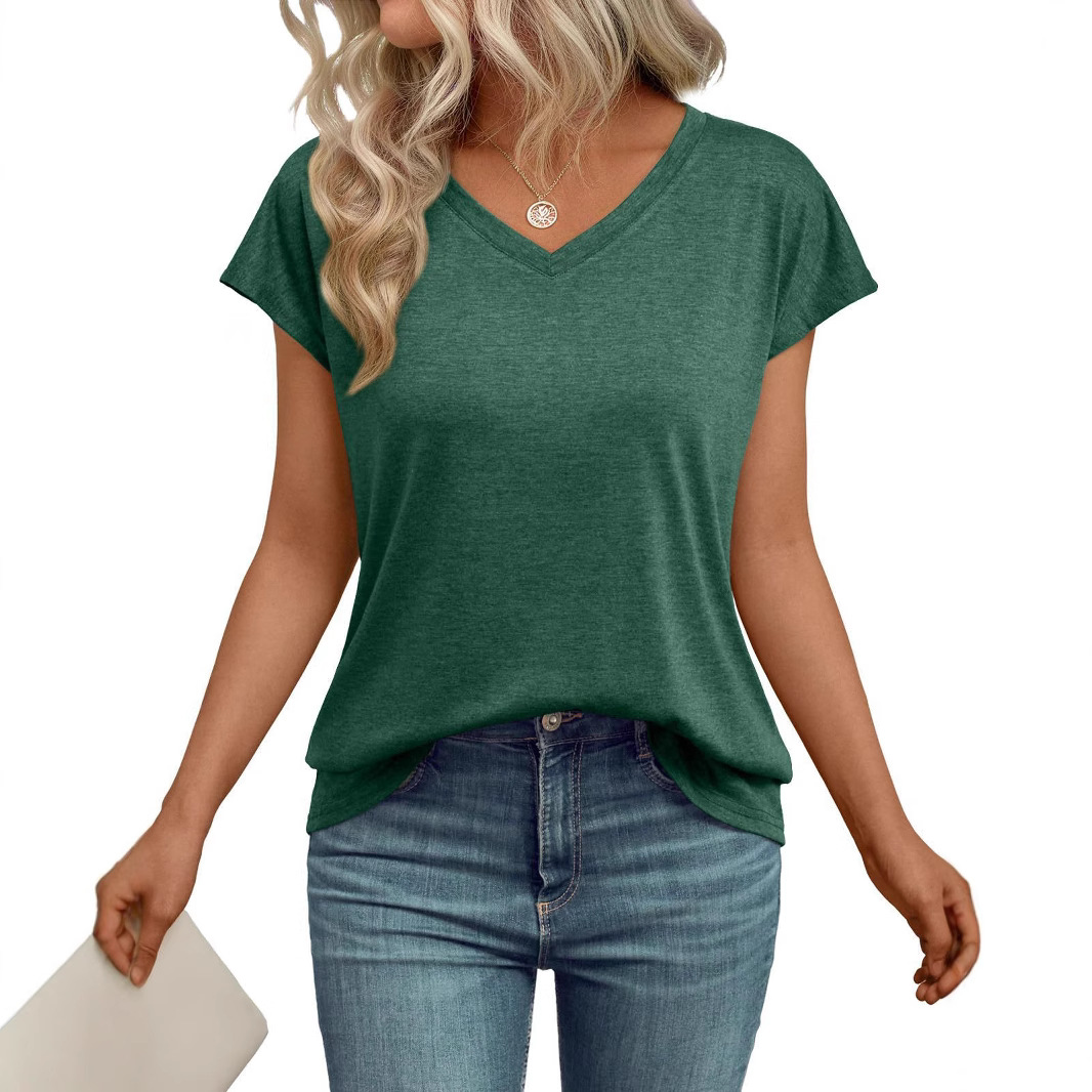 Women's Solid V-Neck Short Sleeve Loose Casual T-Shirt