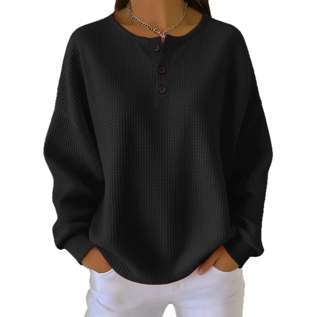 Waffle Knit Crewneck Pullover Loose Fit Solid Color Top