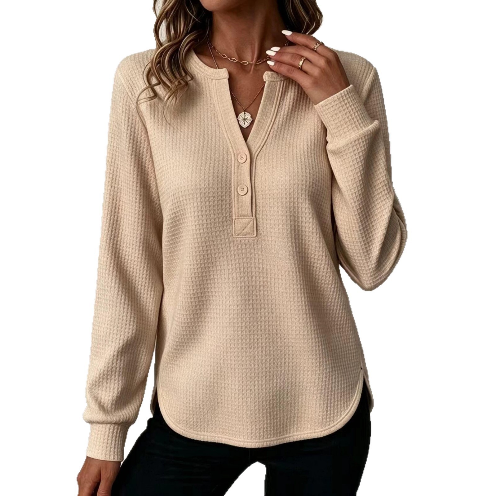 Waffle Knit V-Neck Button Loose Fit Long Sleeve Top