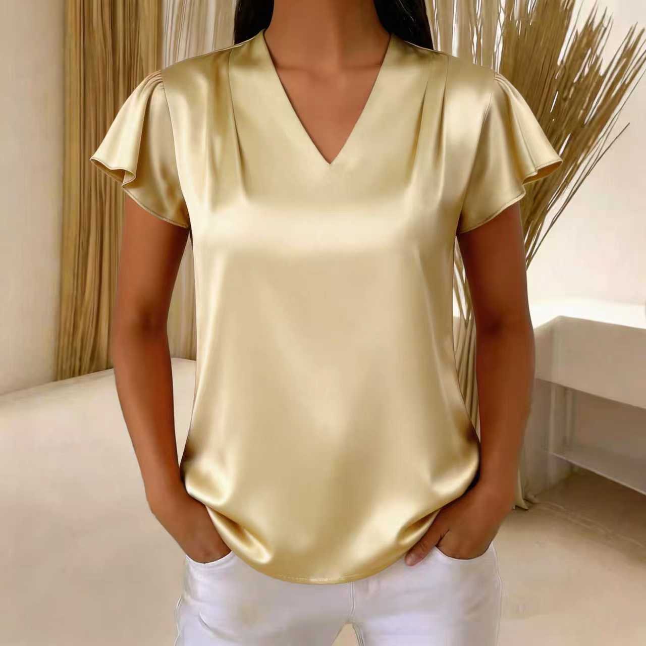 V-Neck Chiffon Pleated Loose Short Sleeve Top