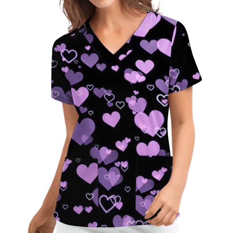 Digital Print Heart Short Sleeve Scrub Top V-Neck Loose Fit