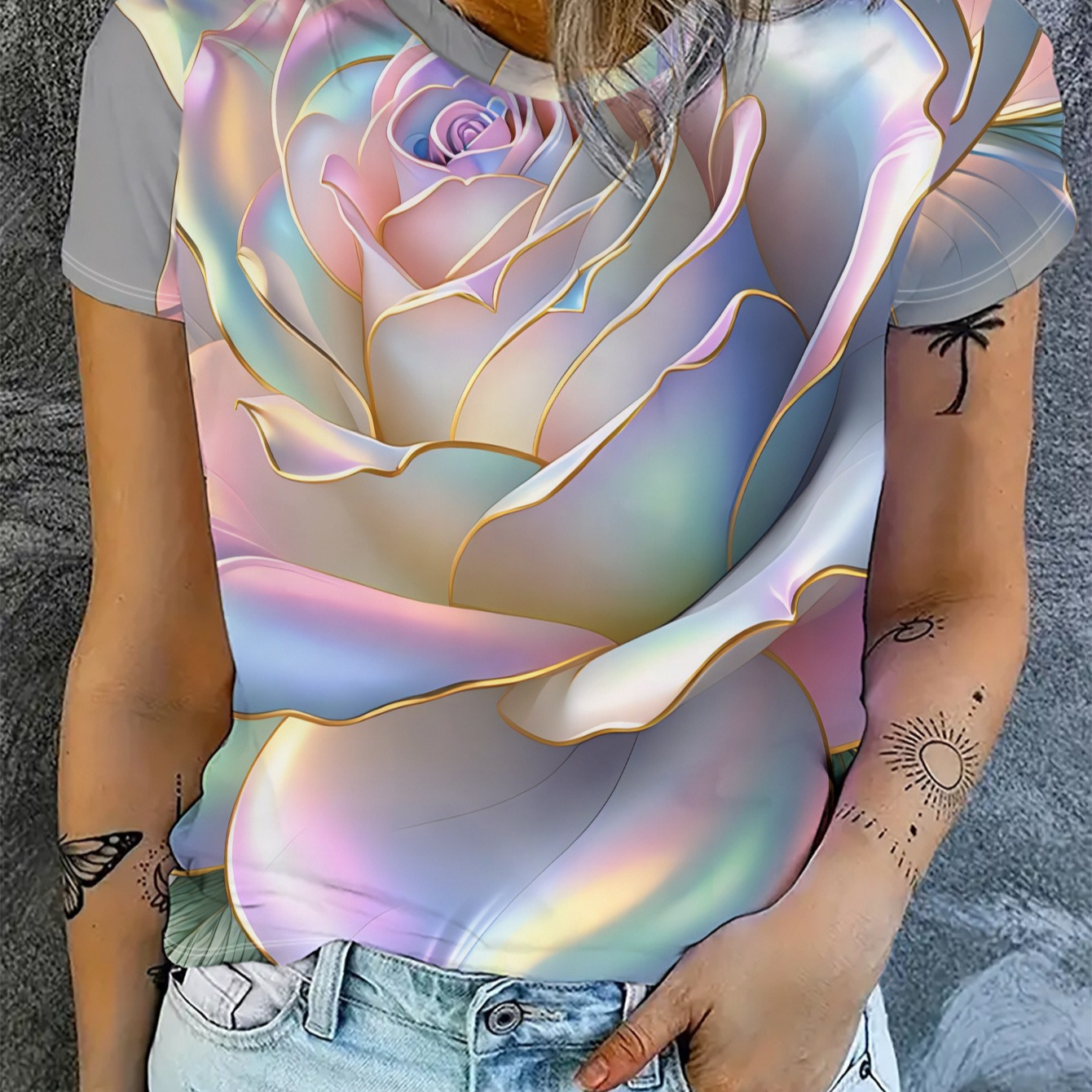 Women's Summer Crewneck Short Sleeve T-Shirt with Independence Day Print, Loose Fit