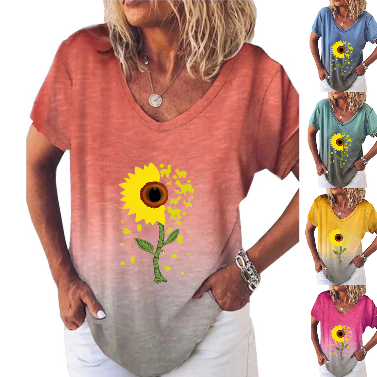 Sunflower Print V-Neck Short Sleeve Women's T-Shirt