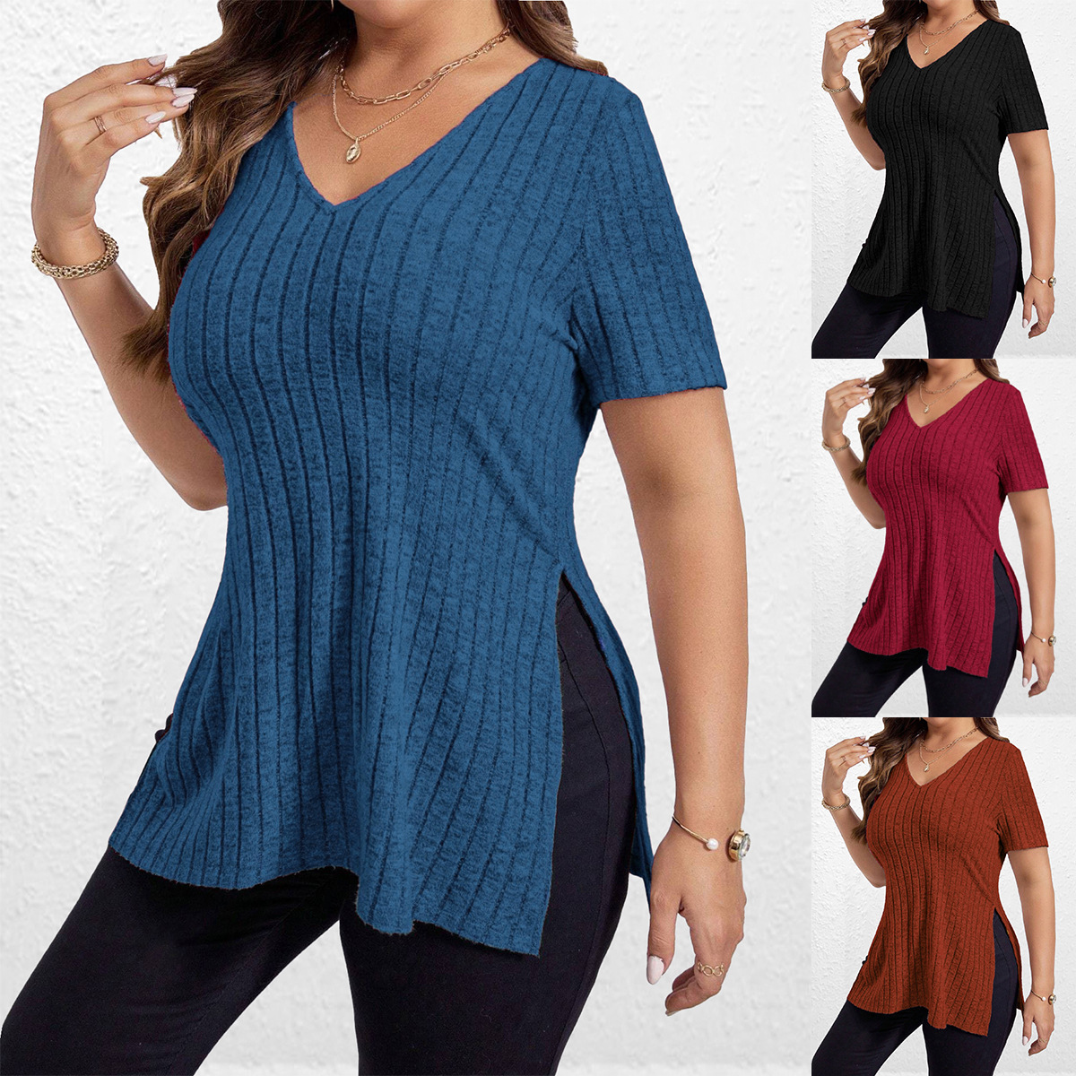 Women's Solid Ribbed V-Neck Short Sleeve Split Hem T-Shirt