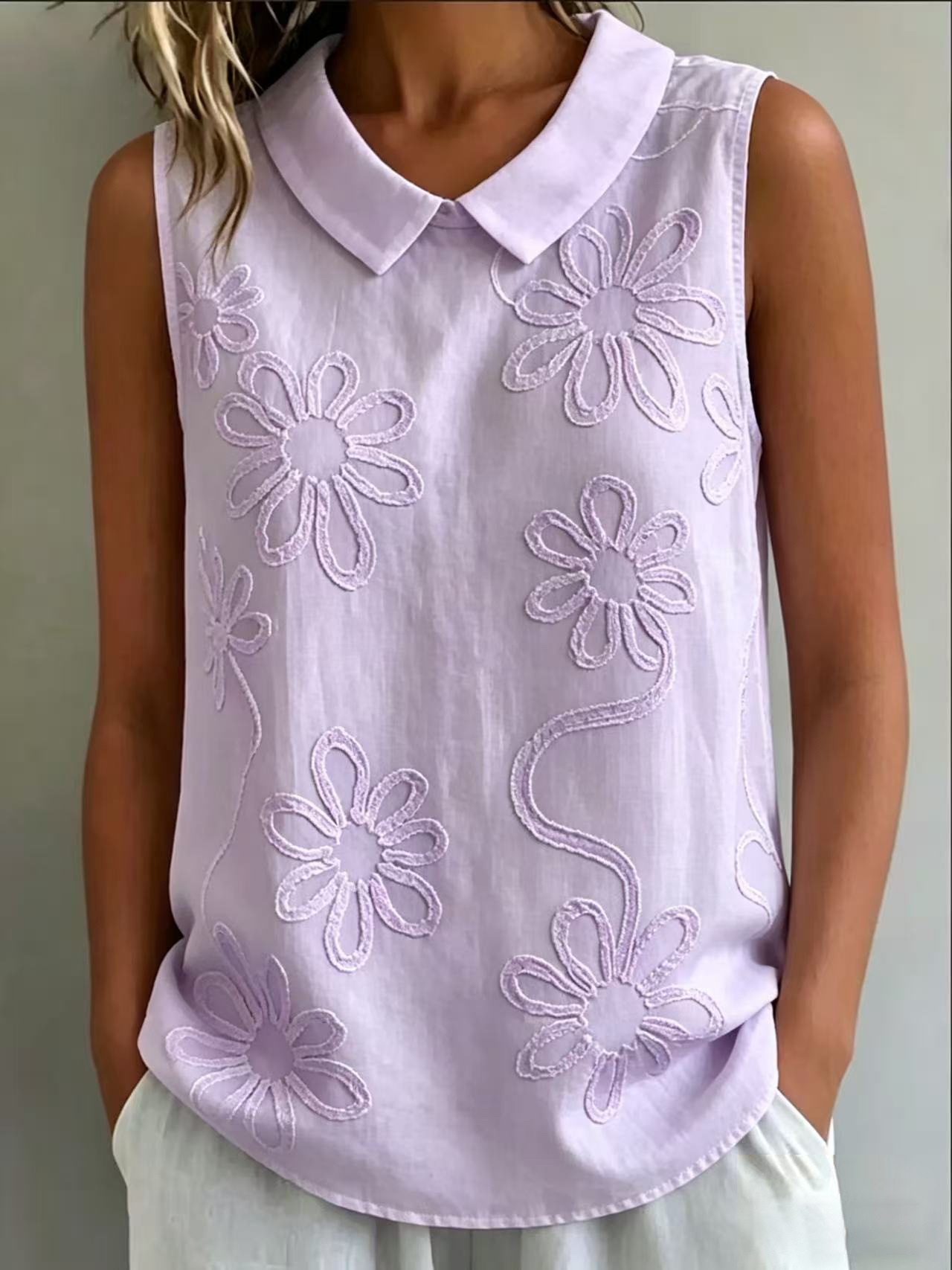 Floral Embroidered Sleeveless Tank Top Loose Fit