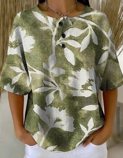 Summer Plaid Floral Print Short Sleeve Button-Up Top