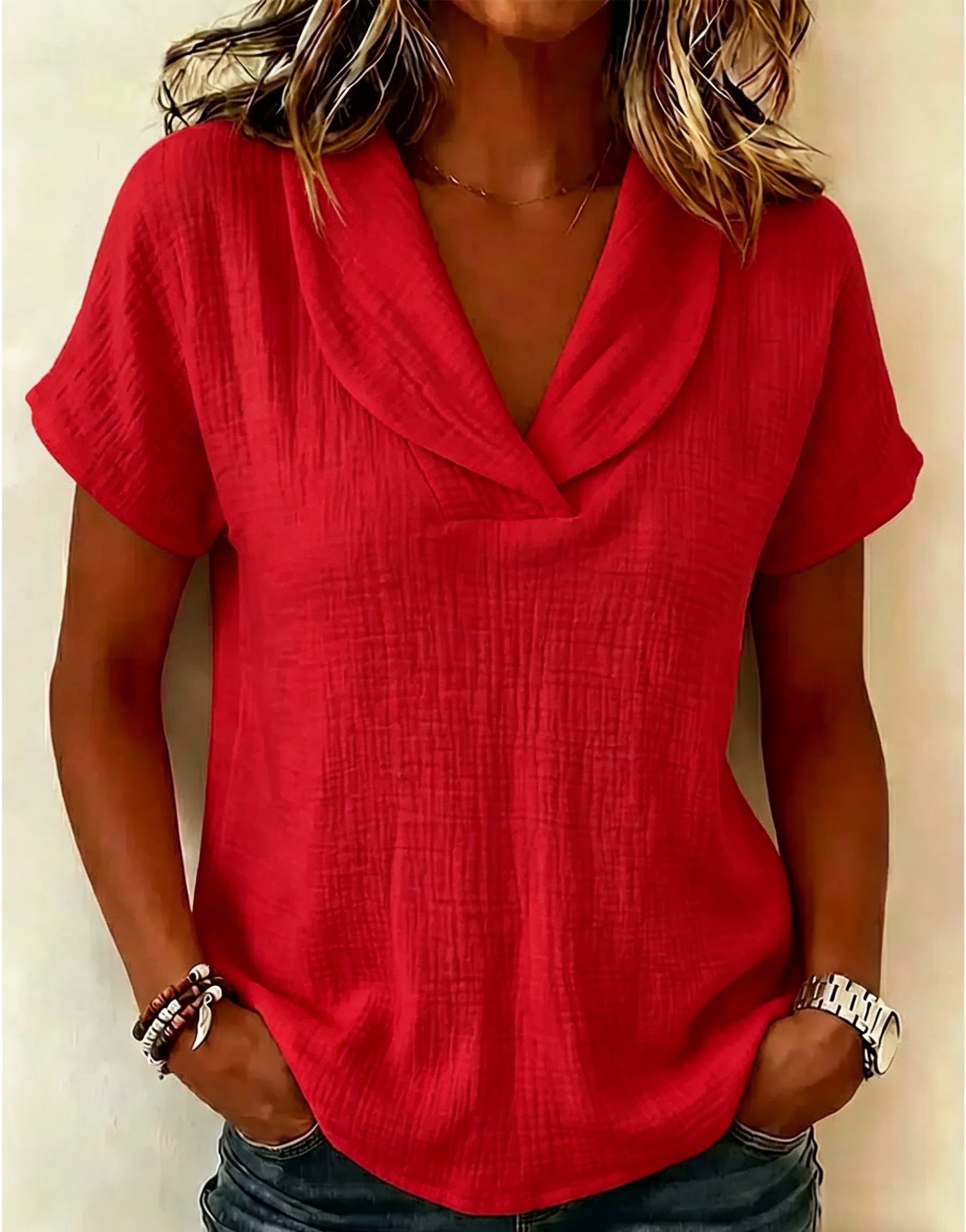 Women's Summer Knit Short Sleeve Top Linen Doll Collar Casual