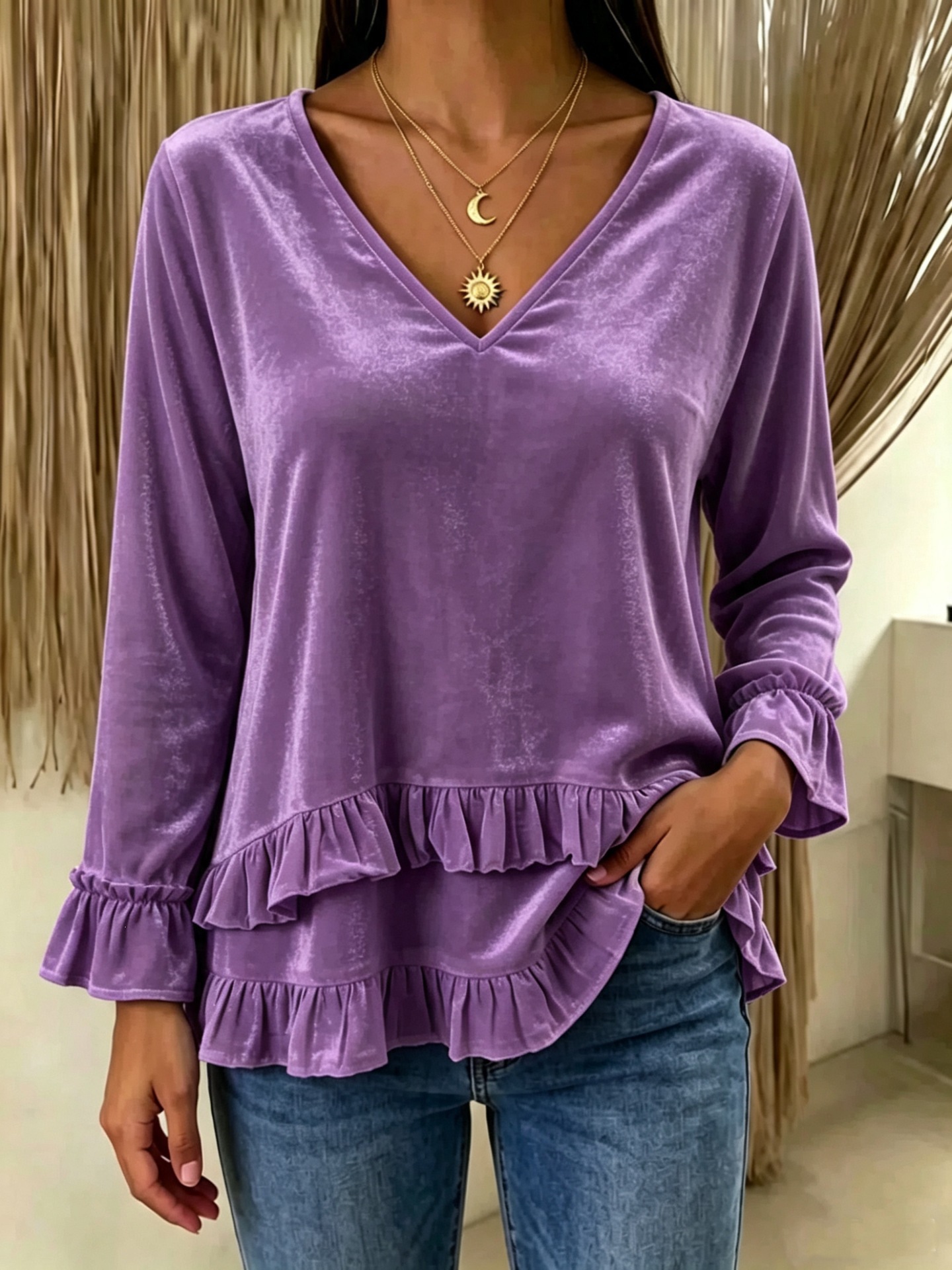 Women's V-Neck Ruffle Velvet Long-Sleeve Top