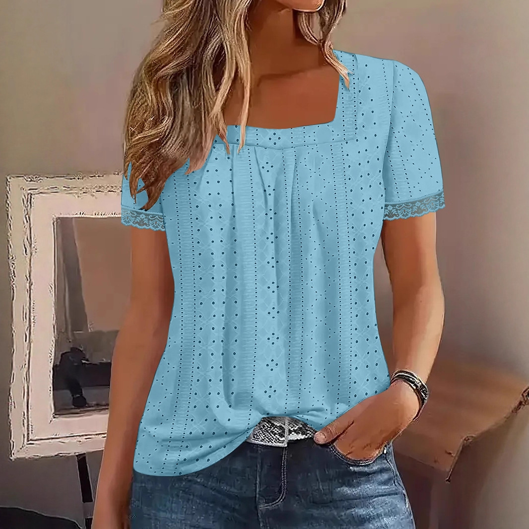 Women's Square Neck Short Sleeve Eyelet Jacquard Top