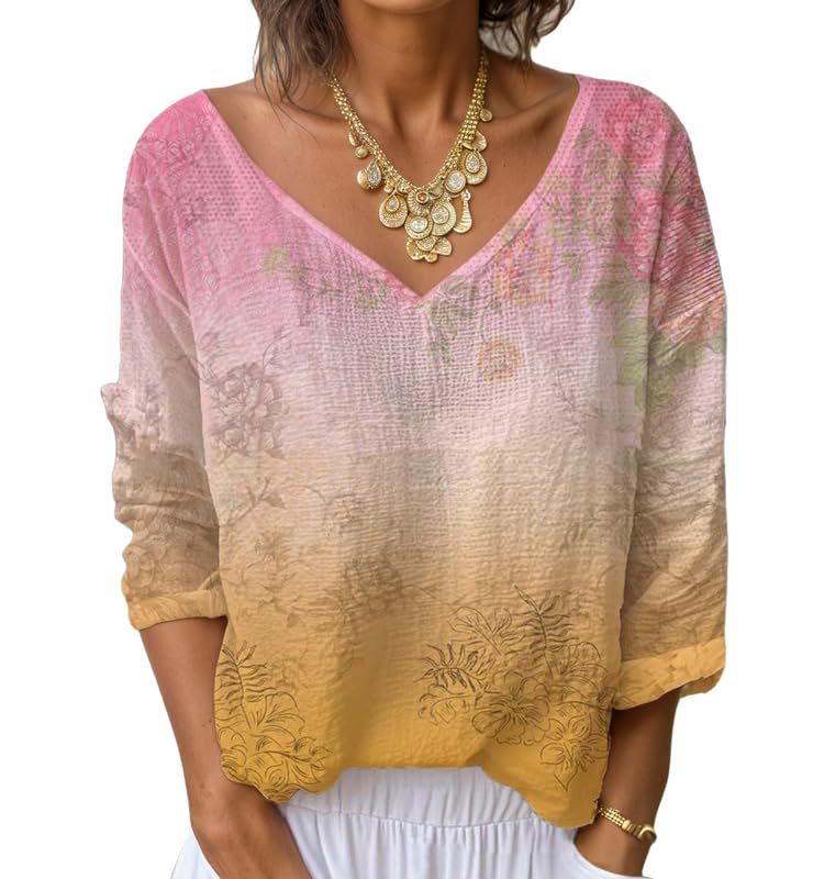 Women's V-Neck Long Sleeve Printed T-Shirt