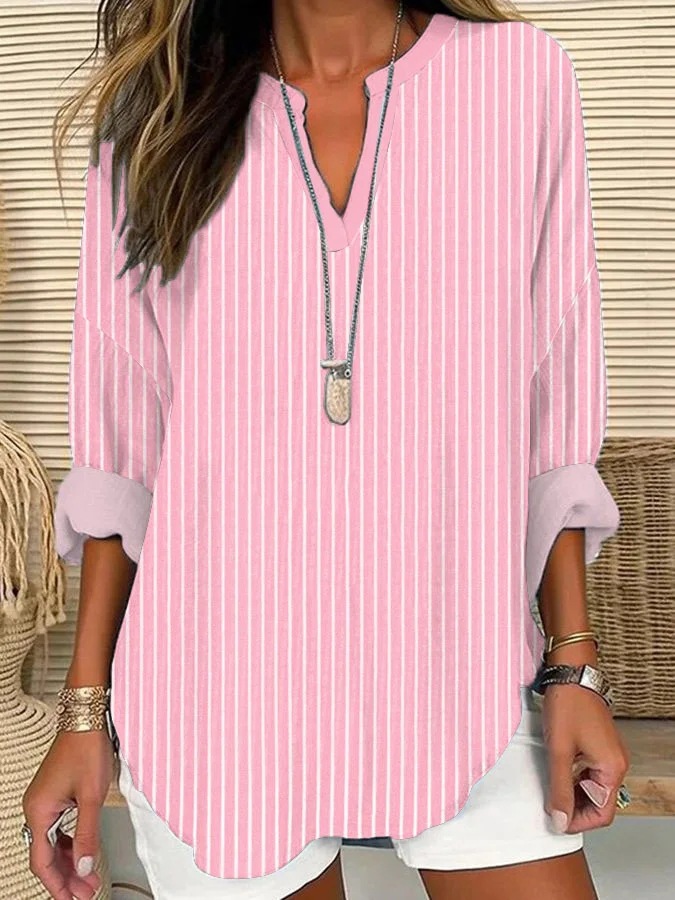 Women's Solid Print V-Neck Long Sleeve T-Shirt