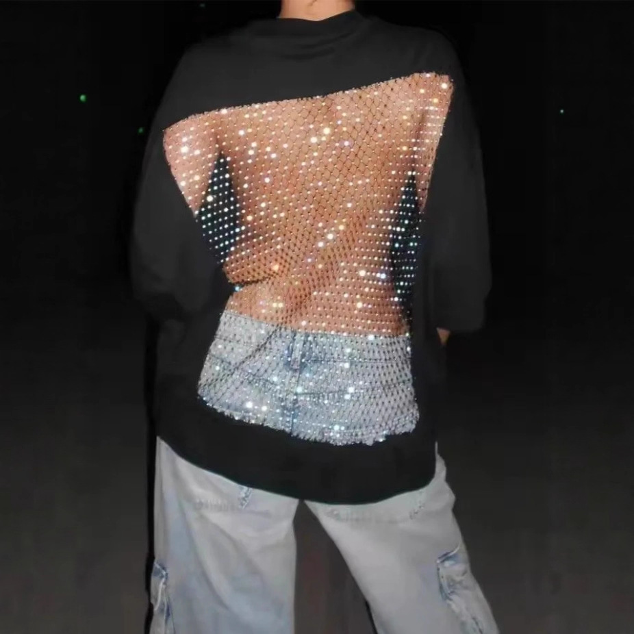 Women's Solid Crewneck Mid-Sleeve Loose Open-Back Mesh Top