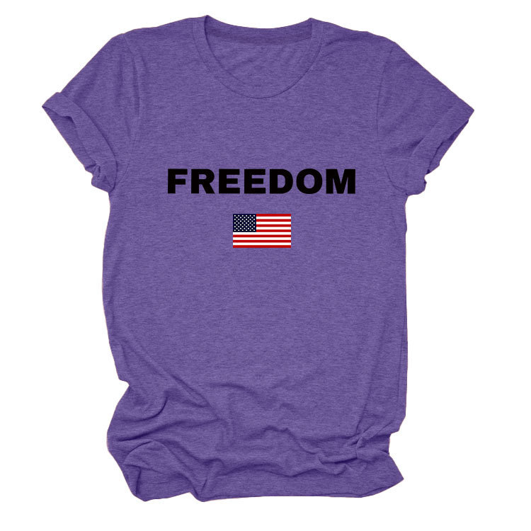 FREEDOM Letter American Flag Print Women's Short Sleeve Top