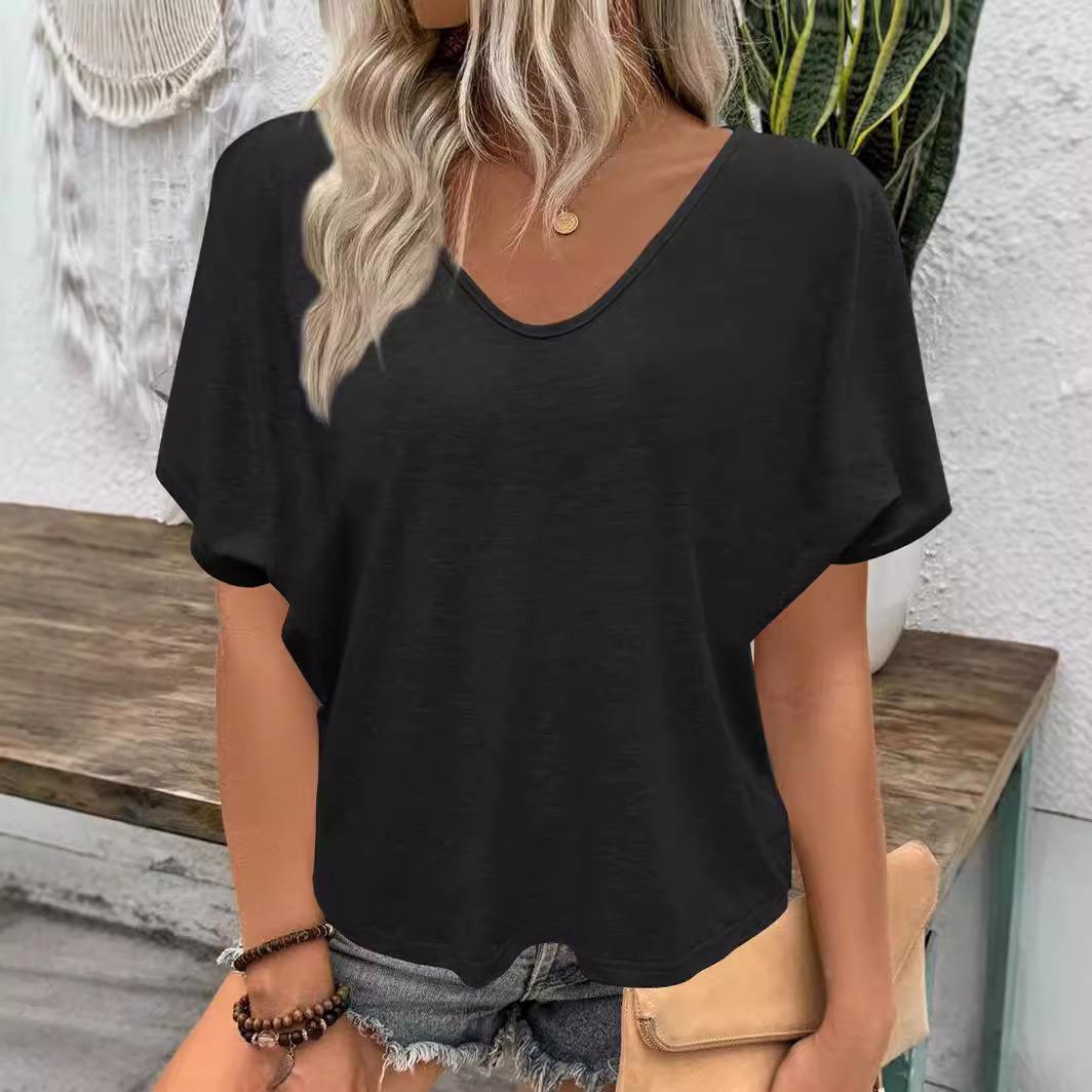 Women's Ruched V-Neck Short Sleeve T-Shirt Candy Color Loose Casual