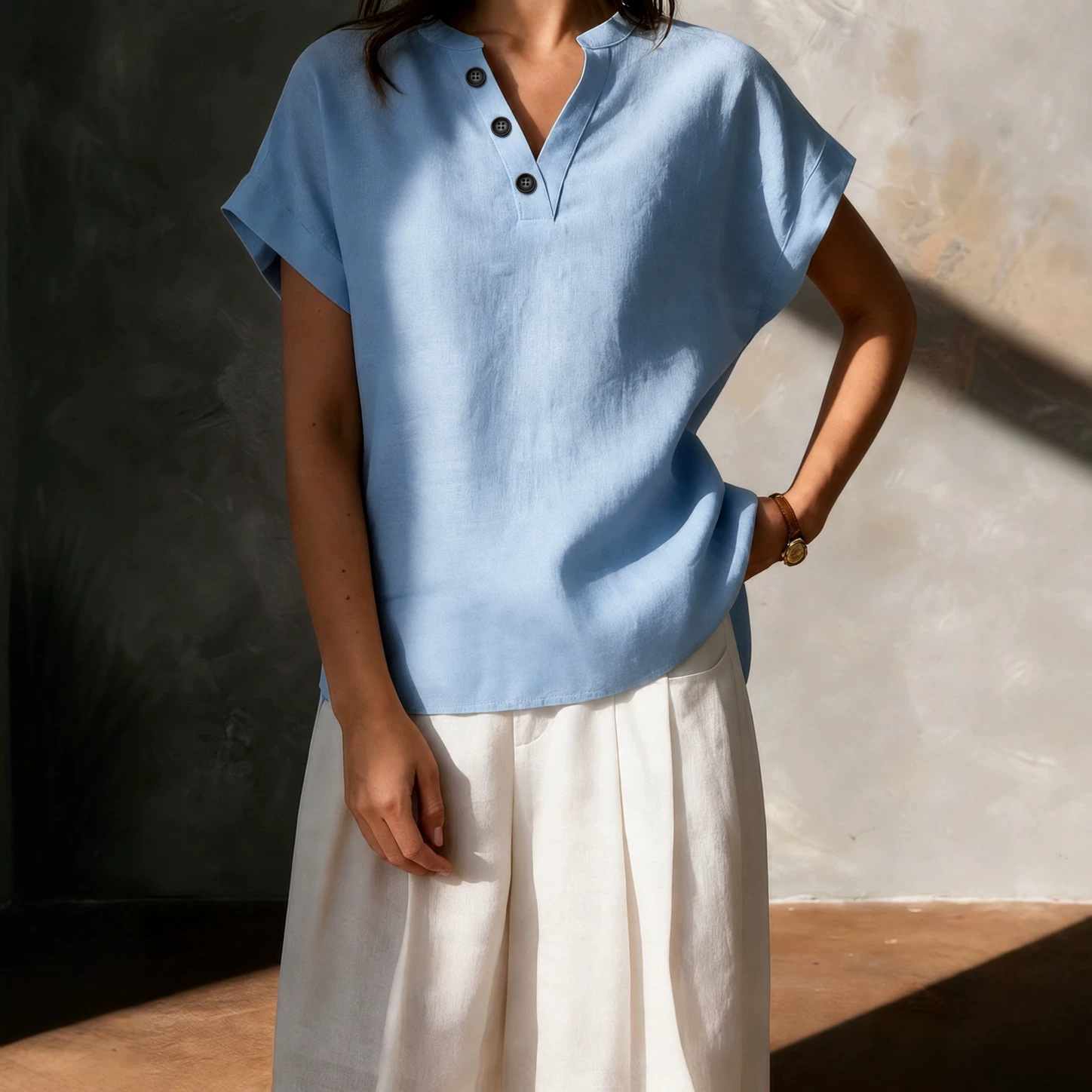 2026 New Cross-Border Women's Fashion Foreign Trade European and American Cotton-Linen High-End Feel Women's V-Neck Button Short-Sleeve Solid Color Shirt