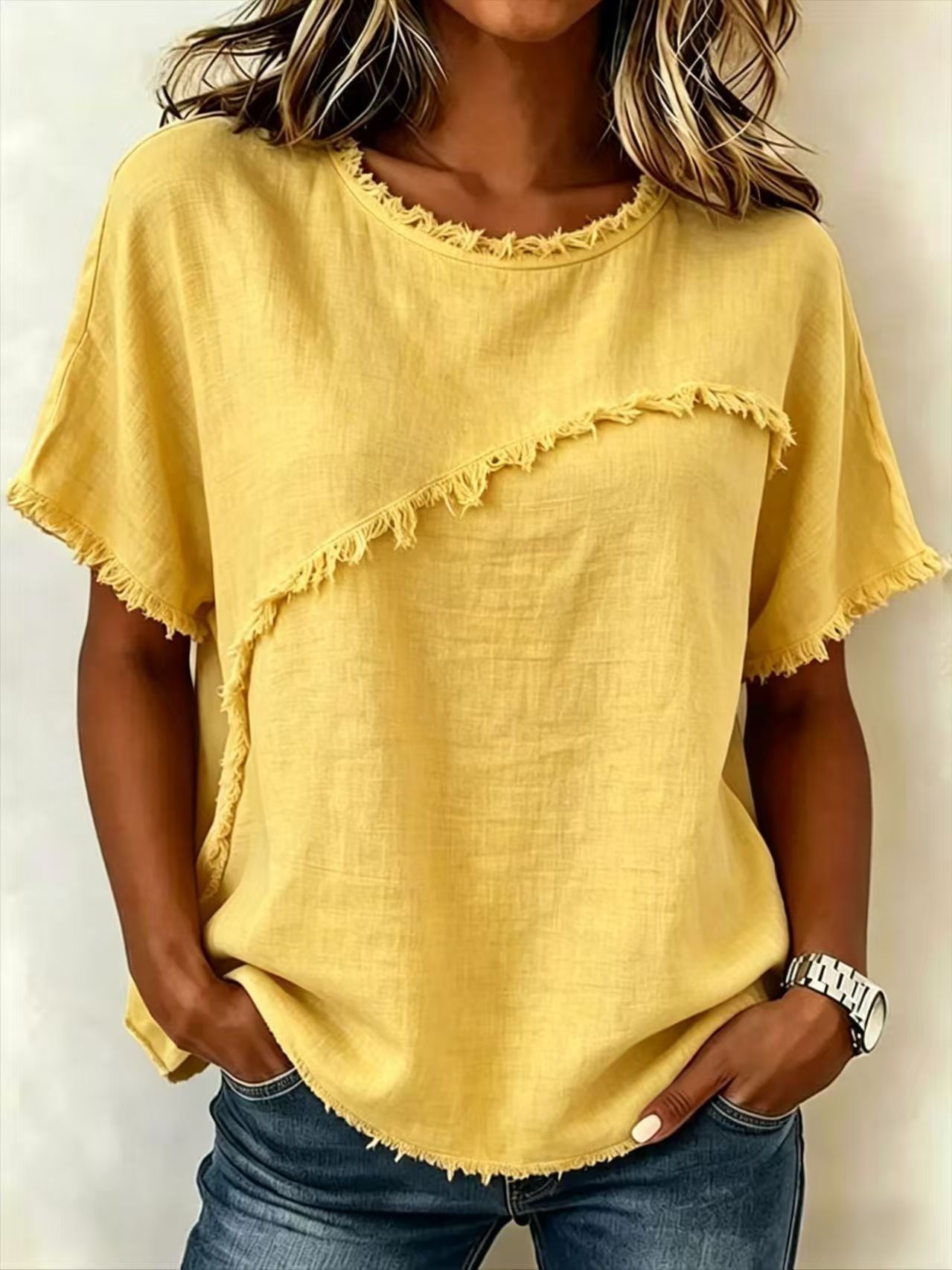 Women's Crewneck Short Sleeve Fringe Spliced Shirt