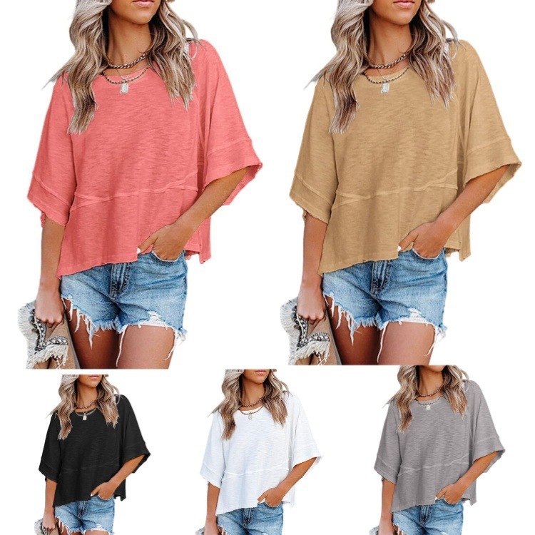 Women's Summer Colorblock Crewneck Bell Sleeve Loose T-Shirt