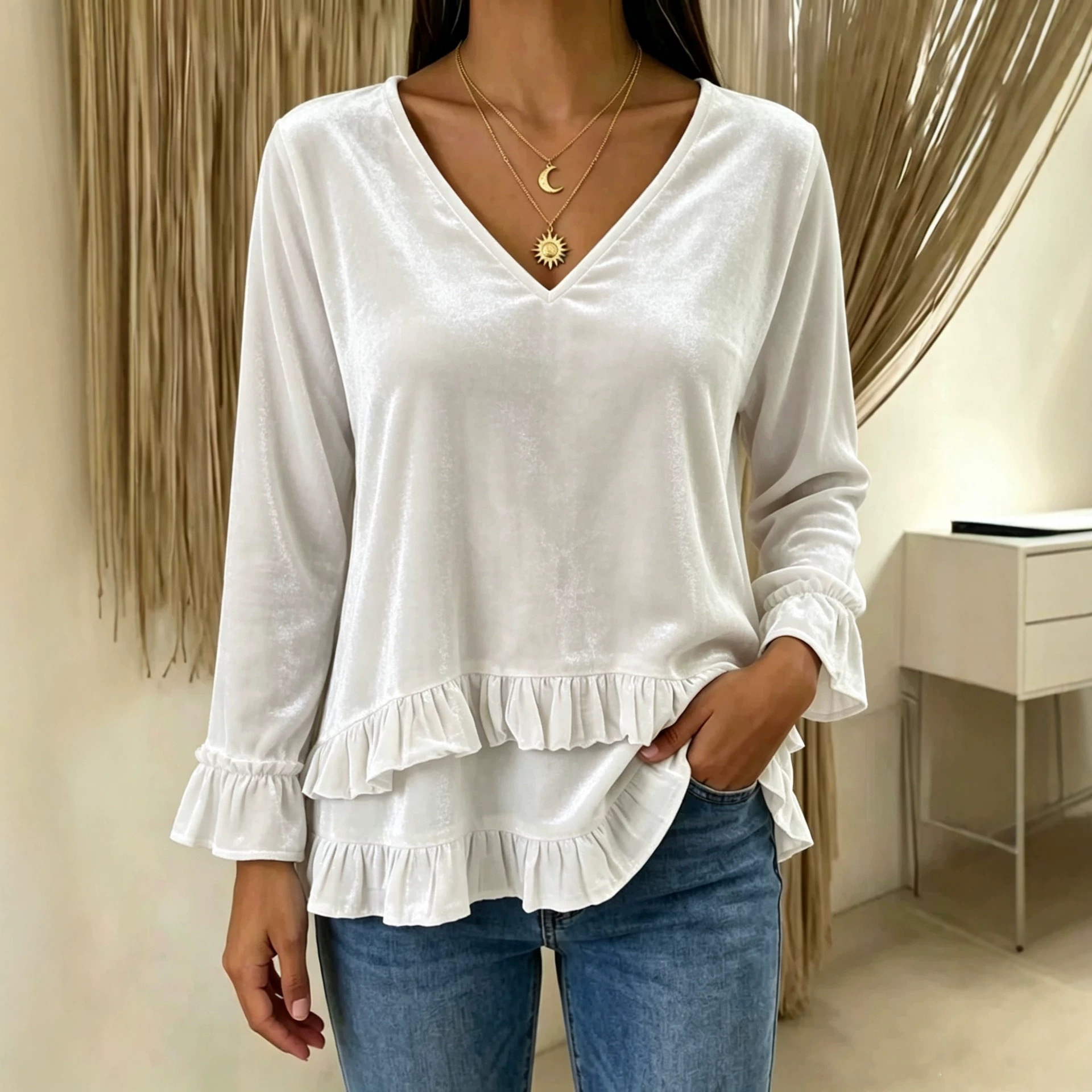Women's V-Neck Ruffle Velvet Long-Sleeve Top