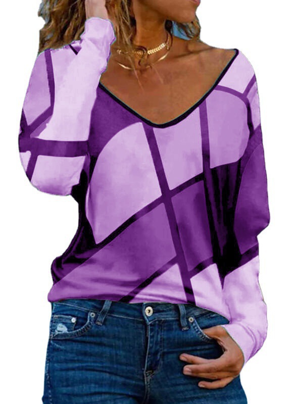 Geometric V-Neck Print Loose Pullover T-Shirt Women's Top