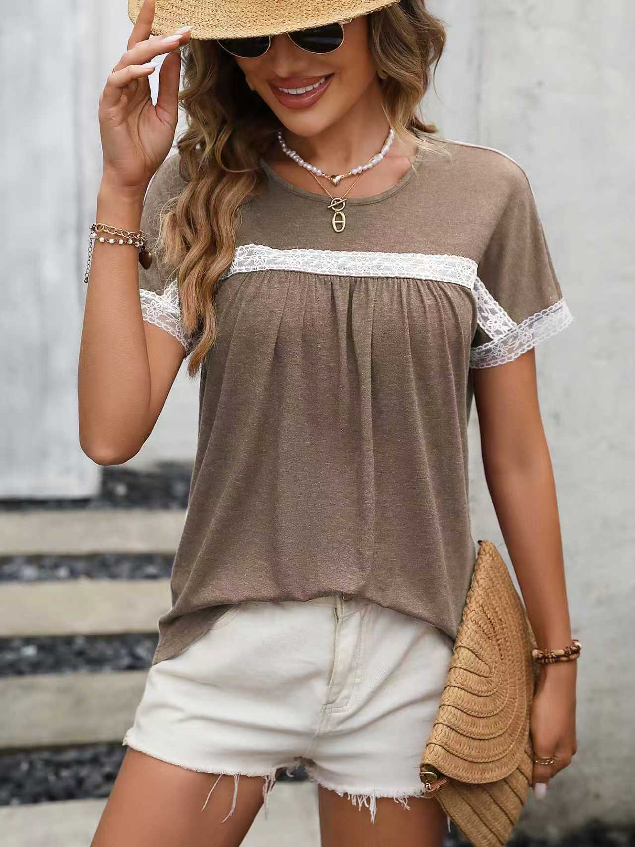 Women's Lace Trim Crewneck Short Sleeve T-Shirt