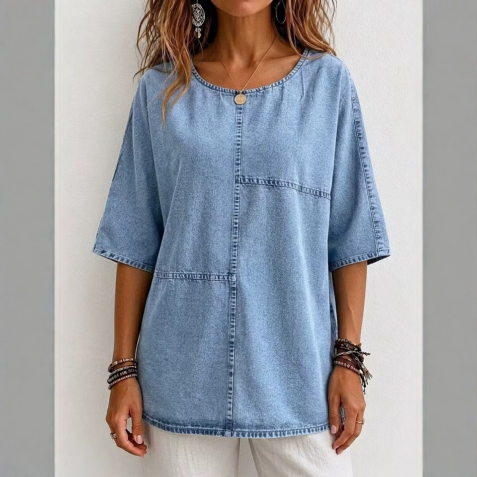Women's Mid-Sleeve Patchwork Denim Top Casual T-Shirt