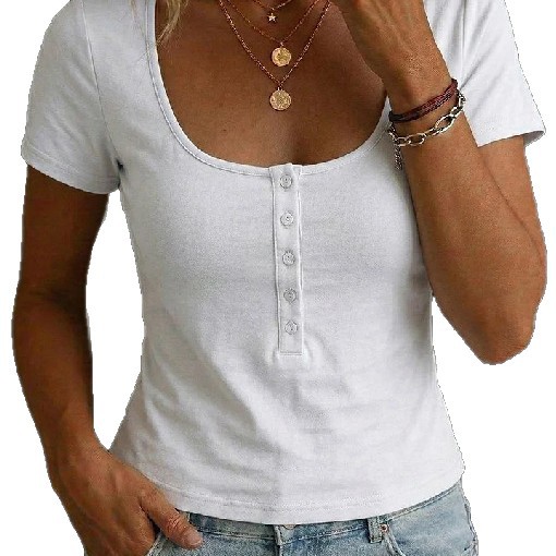 Women's Slim Fit Square Neck Half-Button Short Sleeve Crop Top