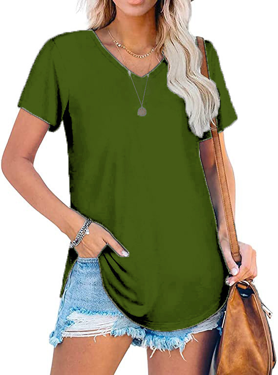 Women's V-Neck Knit Short Sleeve T-Shirt Loose Plus Size Solid Color Top