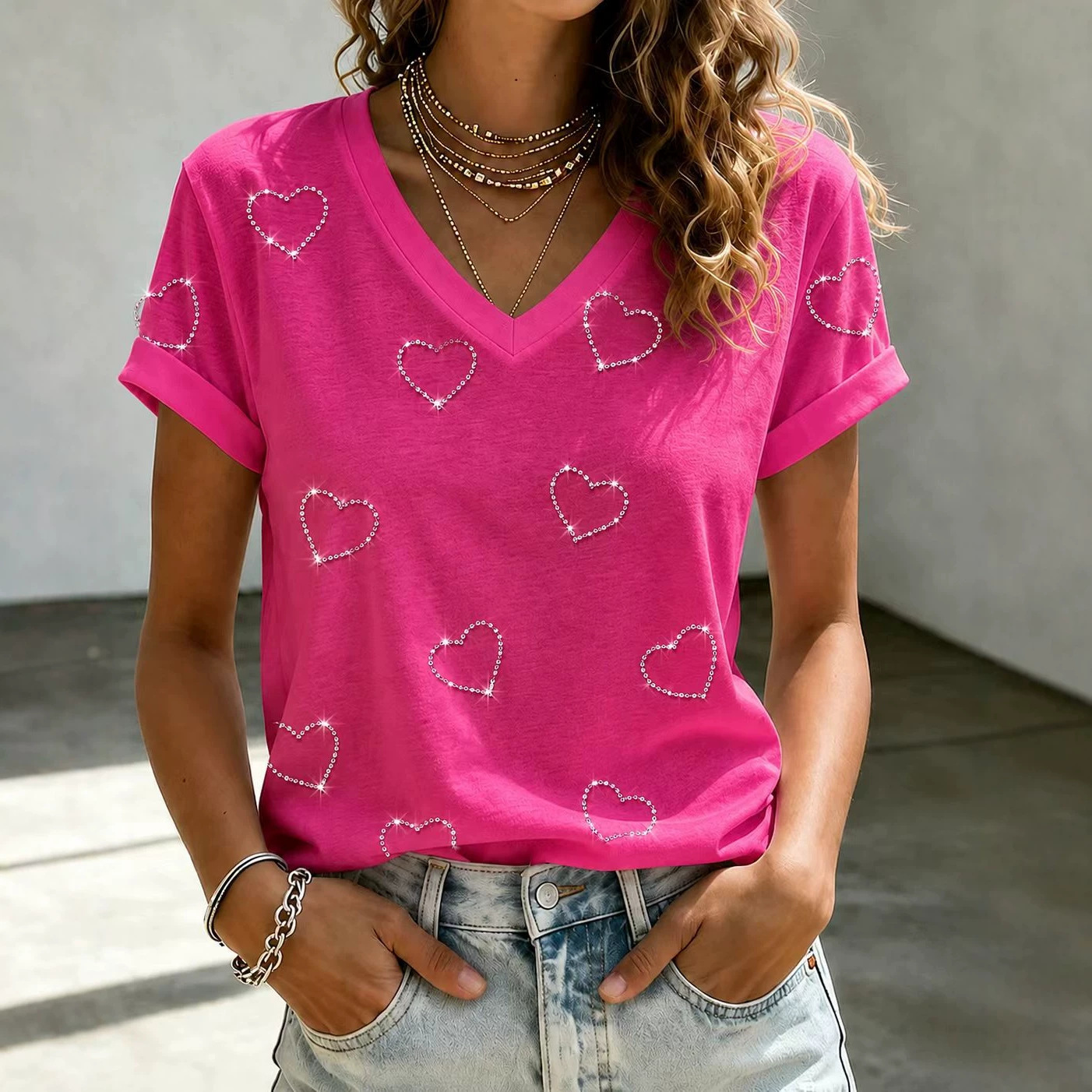 Heart Print Loose Fit Short Sleeve V-Neck Top