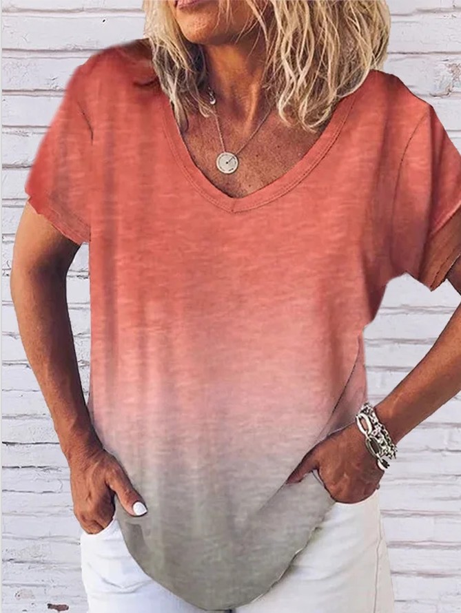 Raw Edge Short Sleeve V-Neck Gradient Print T-Shirt