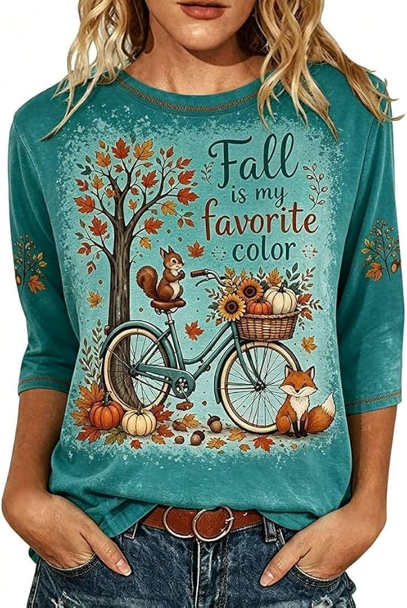 Pumpkin Floral Maple Leaf Letter Print Long Sleeve Women's Top