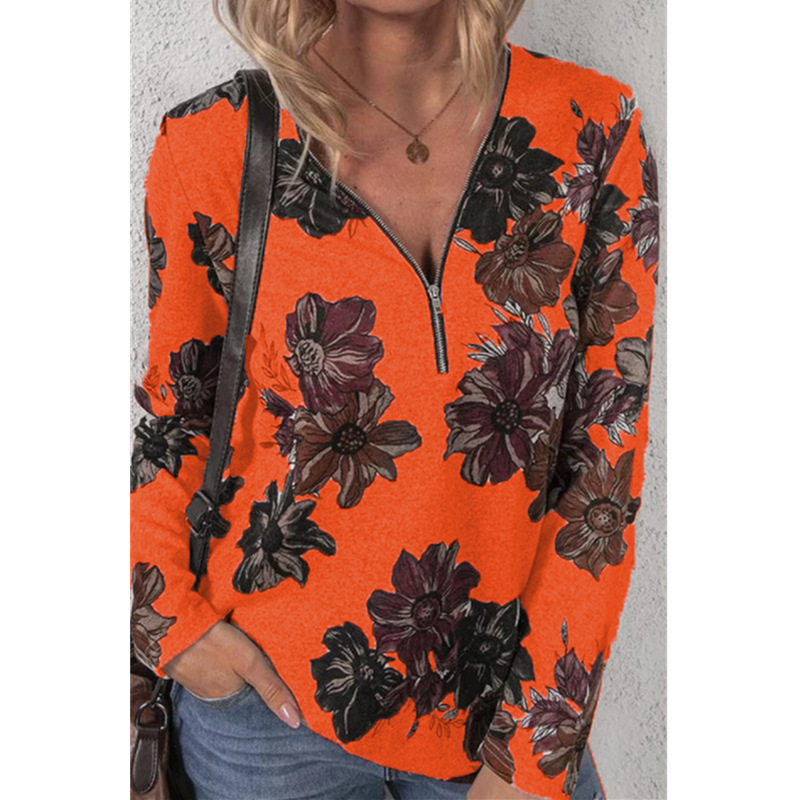 Women's Floral Print Zip Pullover Long Sleeve Loose T-Shirt Top
