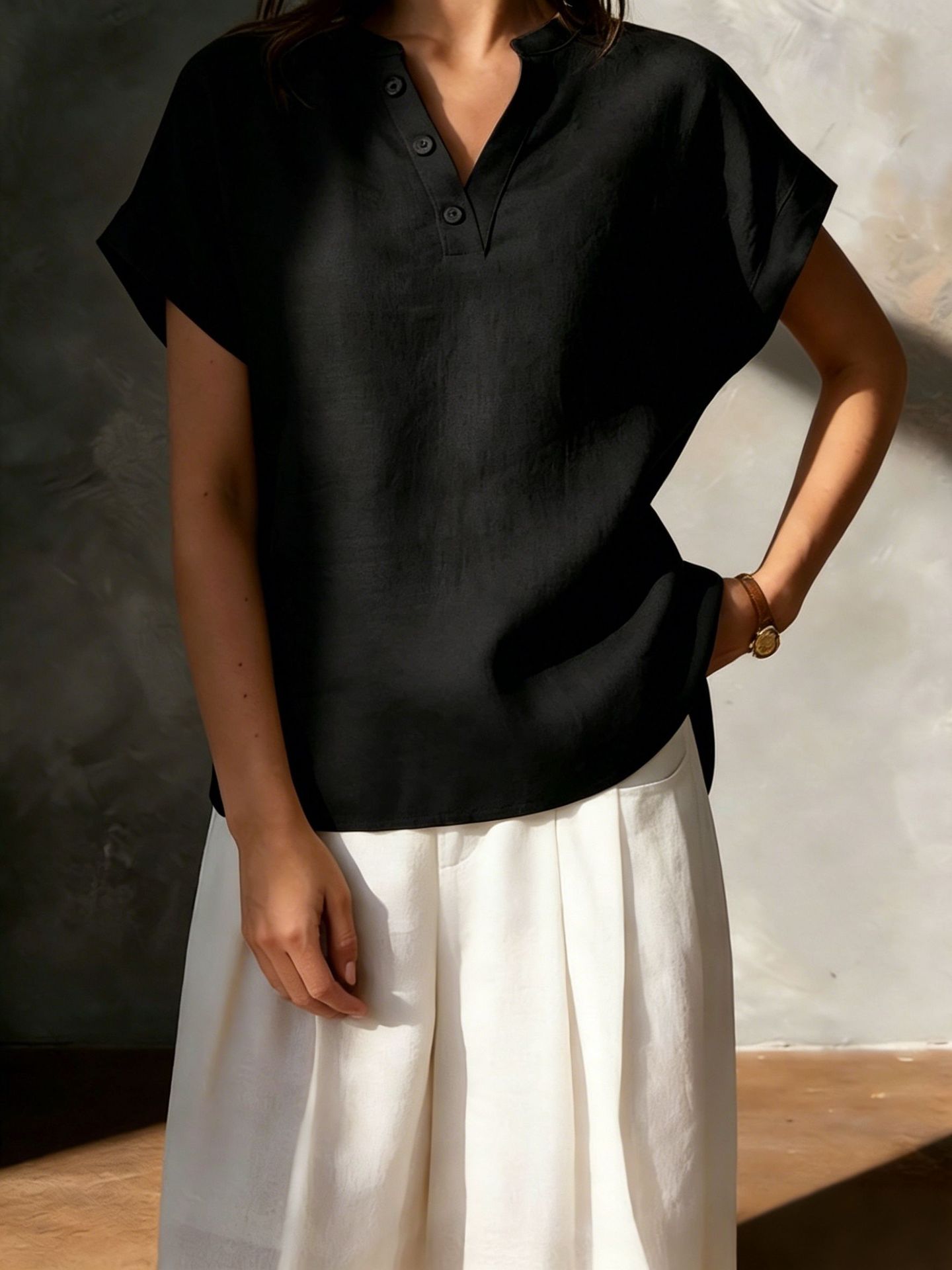 2026 New Cross-Border Women's Fashion Foreign Trade European and American Cotton-Linen High-End Feel Women's V-Neck Button Short-Sleeve Solid Color Shirt