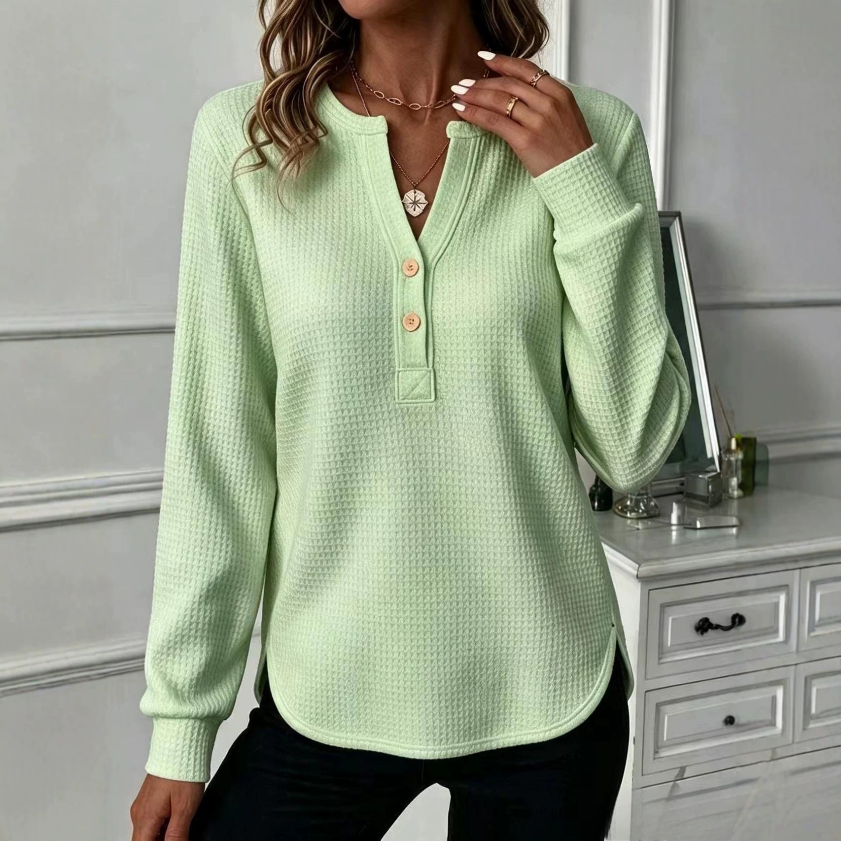 Waffle Knit V-Neck Button Loose Fit Long Sleeve Top