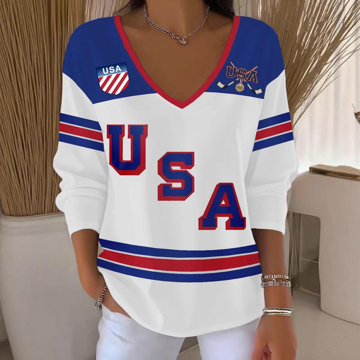 Women's V-Neck Long Sleeve Ice Hockey Graphic T-Shirt