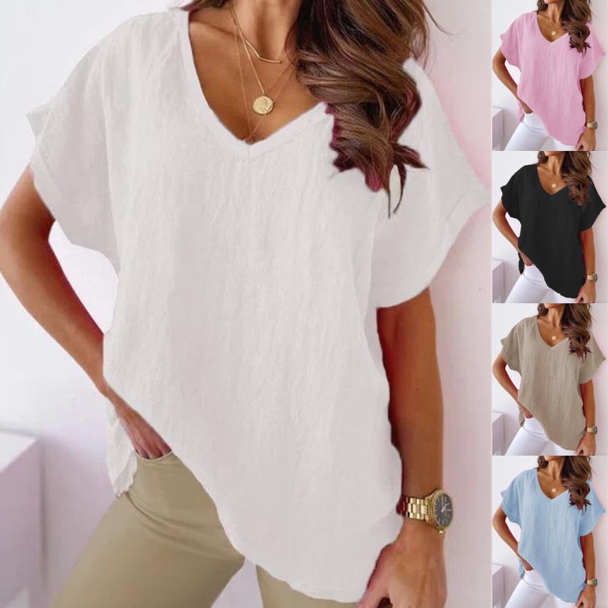 Batwing Short Sleeve V-Neck Solid Cotton Linen T-Shirt Casual Women's Top