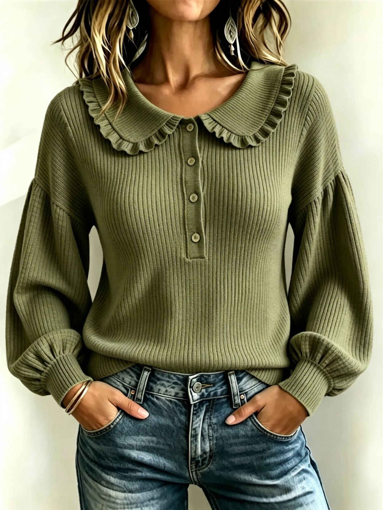 Women's Ribbed Knit Ruffle Button Crewneck Long Sleeve Pullover Sweater