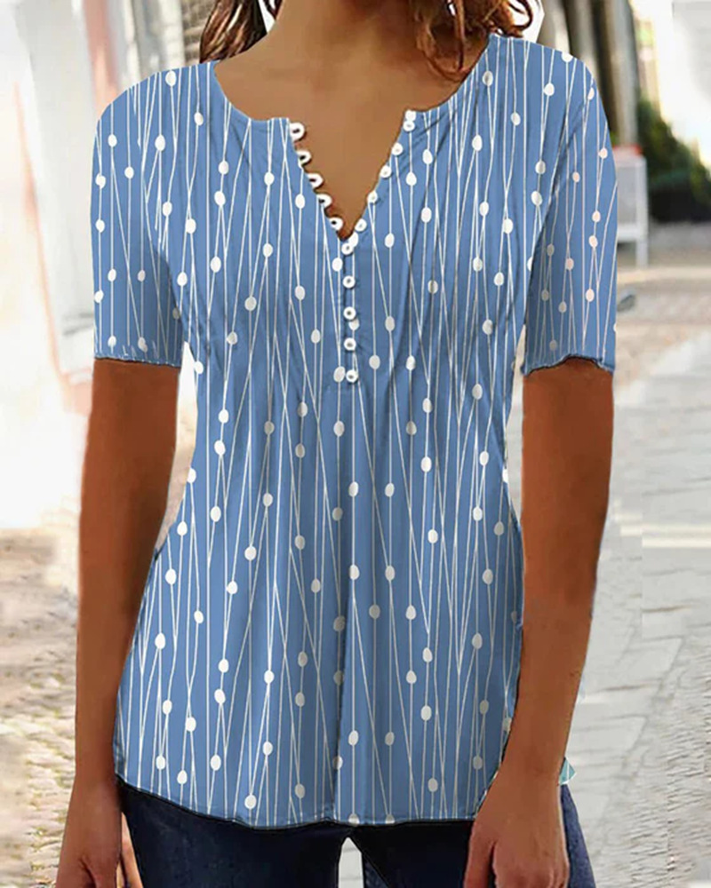 V-Neck Polka Dot Short Sleeve Blouse