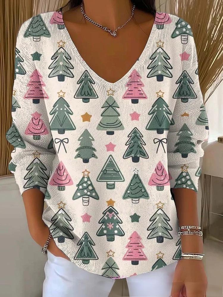 Halloween Plant & Tree Print V-Neck Long-Sleeve T-Shirt for Women