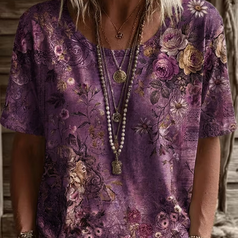 Retro Floral Print Short Sleeve T-Shirt