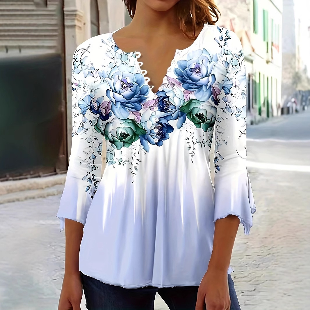 Women's V-Neck Button Floral Print Bell Sleeve Top