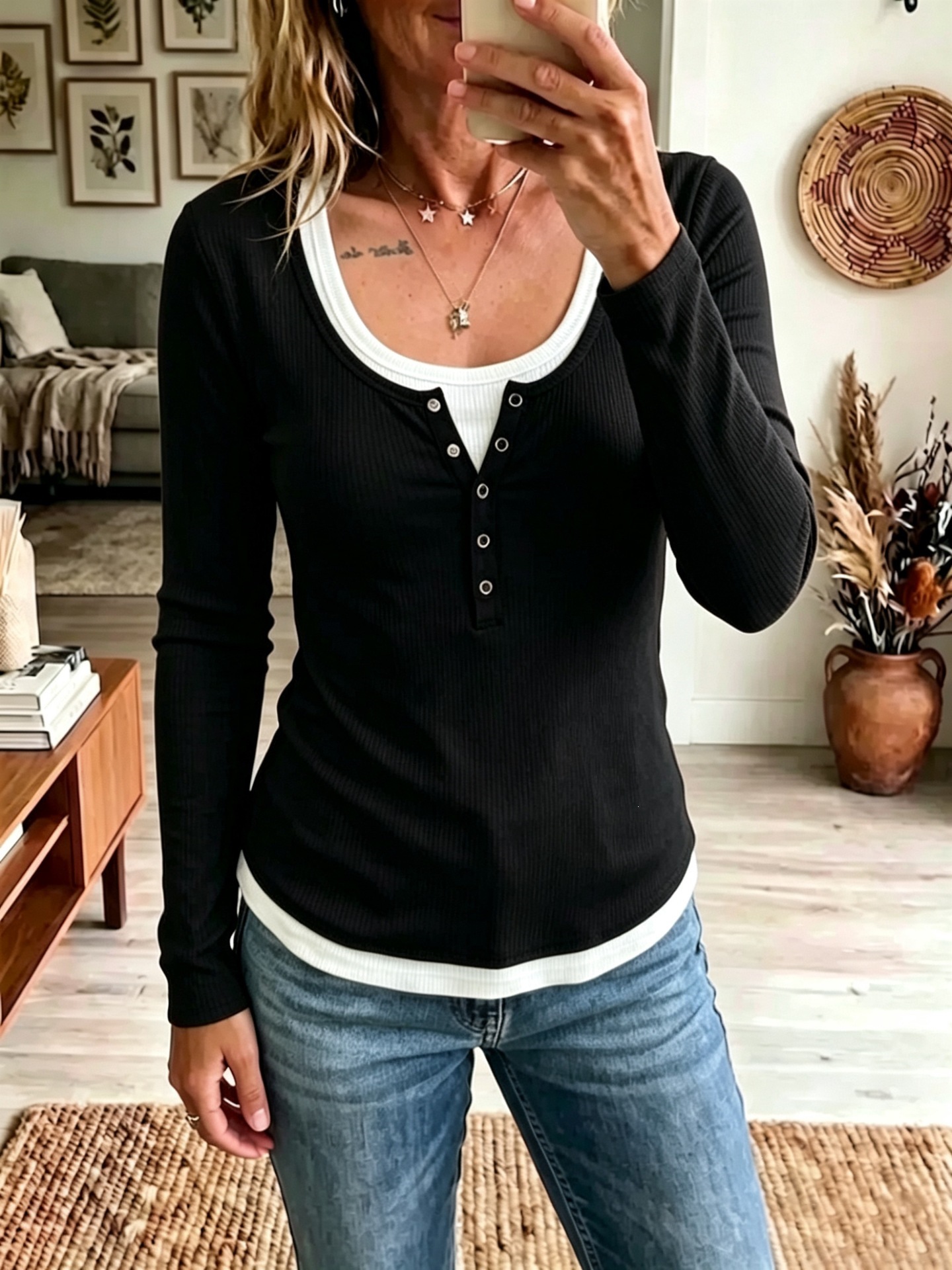 Women's Color-Block Faux-Layer Slim Long-Sleeve T-Shirt