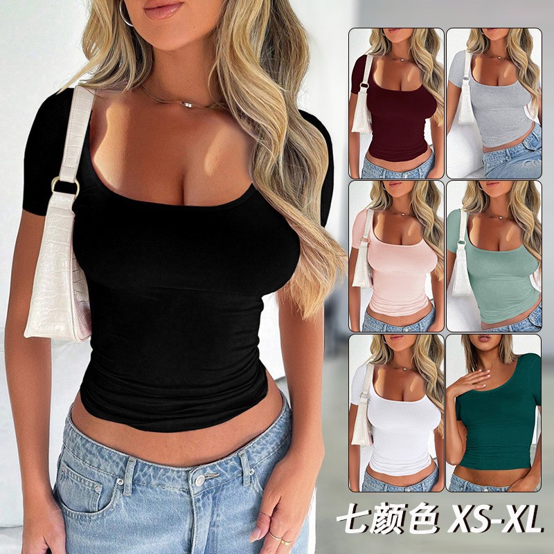 Women's Slim Fit Cropped U-Neck Short Sleeve T-Shirt Solid Color