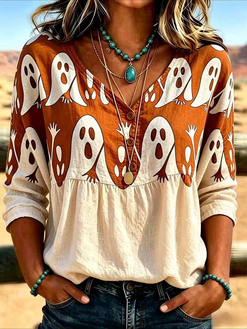 Halloween Ghost Print V-Neck Short Sleeve Women's T-Shirt