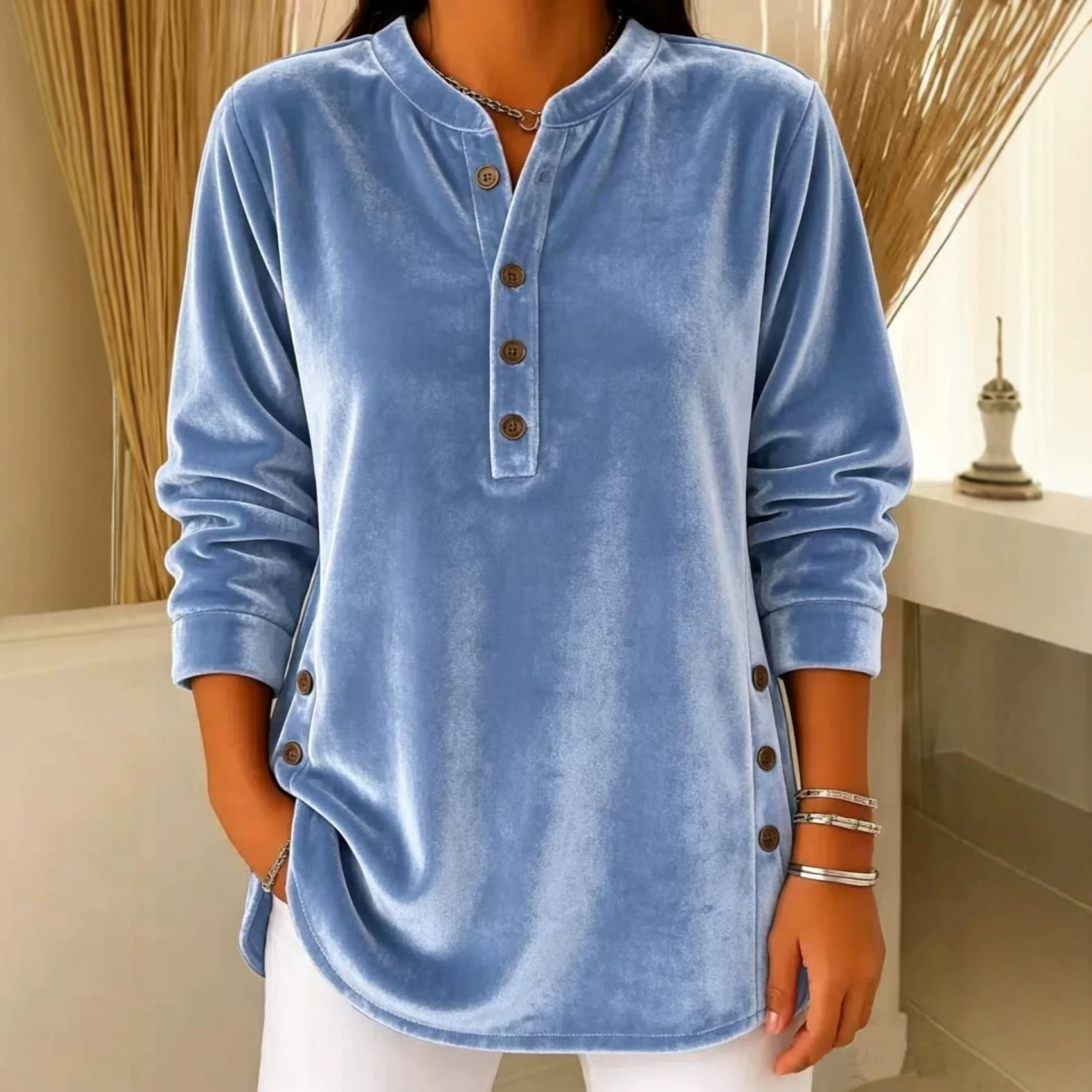 Women's Velvet V-Neck Button Long-Sleeve Loose Fit T-Shirt