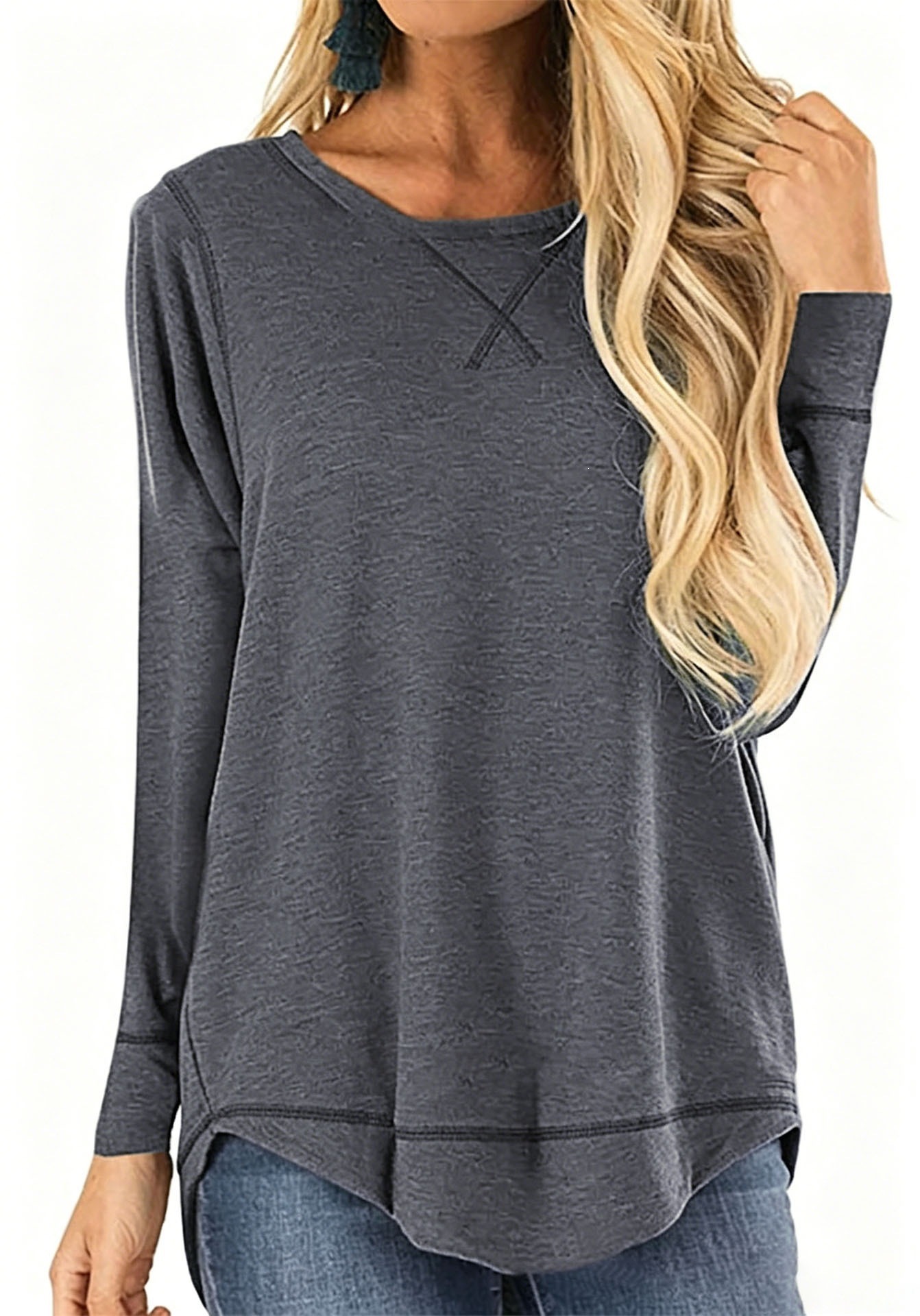 Women's Crewneck Long Sleeve T-Shirt Solid Loose High-Low Hem Casual Top