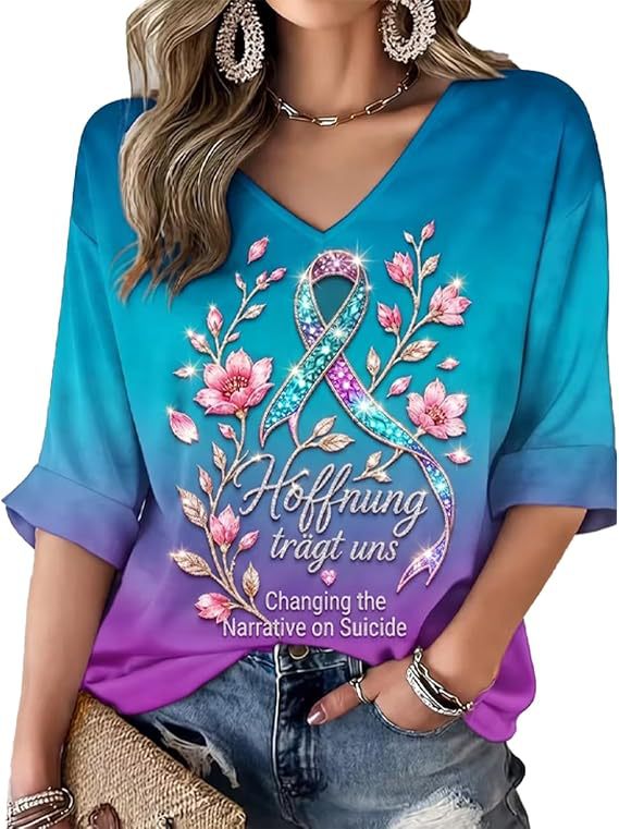 Floral Ribbon Print V-Neck Long Sleeve T-Shirt